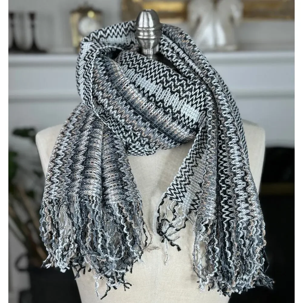 Vintage Missoni Scarf, Wool Blend Silver Gray Tan Zigzag, 68